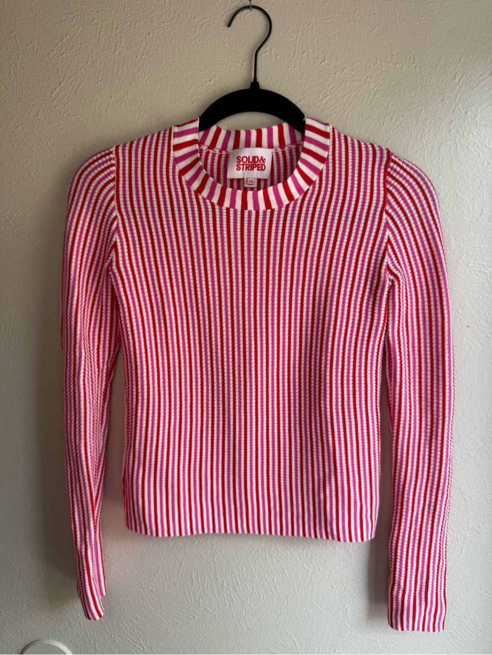 SOLID & STRIPED Pink and White Ribbed Stripe Crewneck Sweater